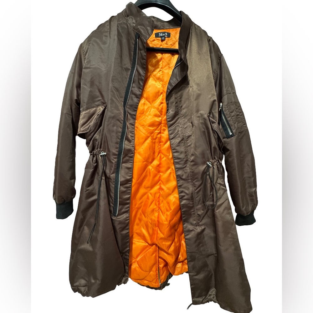 Women’s Brown Bomber Jacket Cinched Waist MA-1 Style Orange Lining Size L - Picture 5 of 6